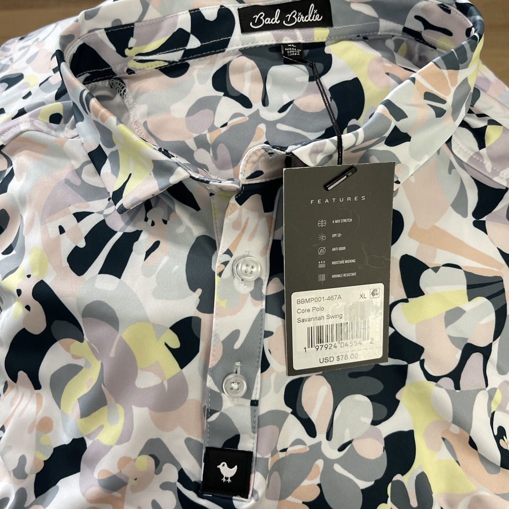 Bad Birdie Savannah Swing Core Polo Shirt Mens XL Multicolor Abstract Floral